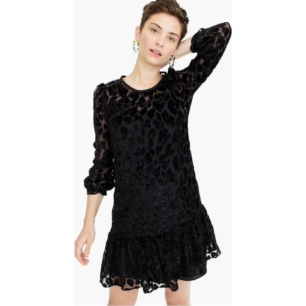 J.Crew Black 3/4 Sleeve Leopard Flutter Hem Burnout Velvet Party Dress EUC Sz 12